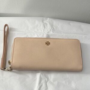 Tory Burch Beige Wristlet with Gold Logo